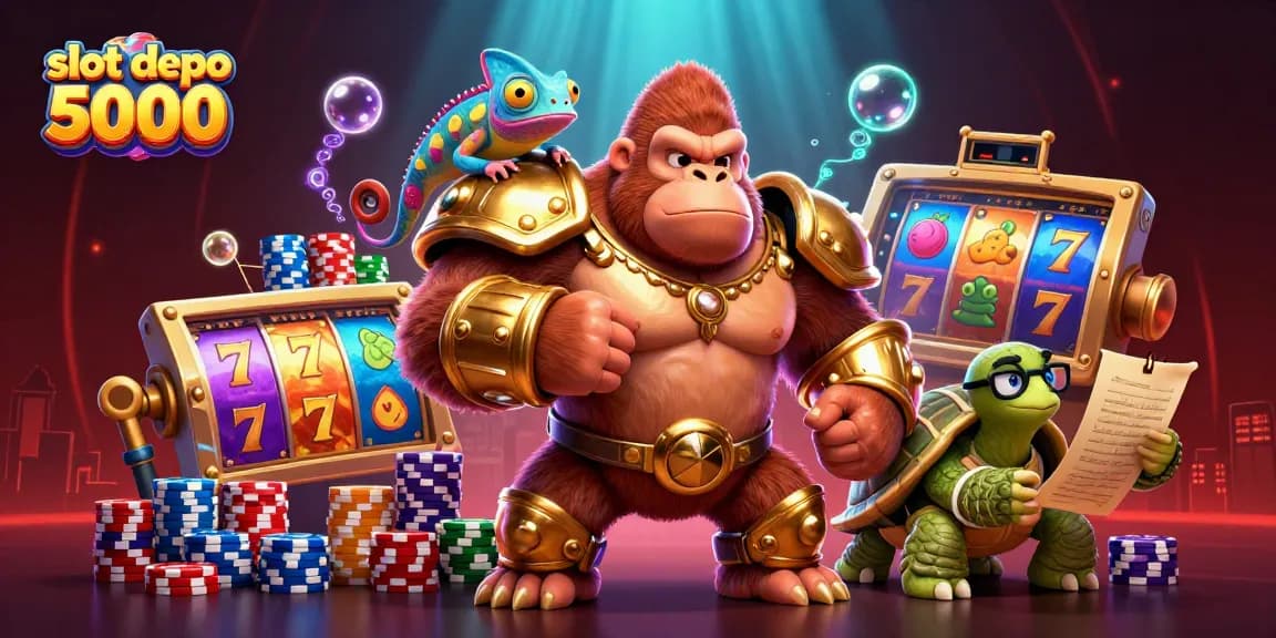 Slot depo 5000 casino scene with gorilla king, chameleon, and tortoise amidst vibrant slot elements, showcasing thrilling gameplay.