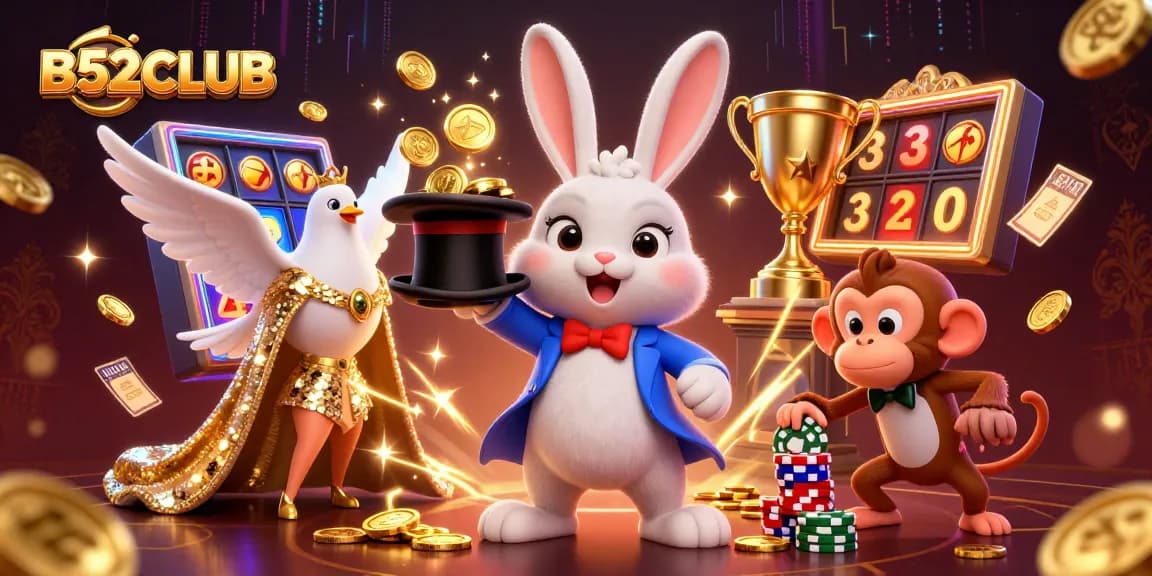 B52CLUB showcases a vibrant scene with a magician rabbit, dove, and monkey amidst exciting gaming elements.