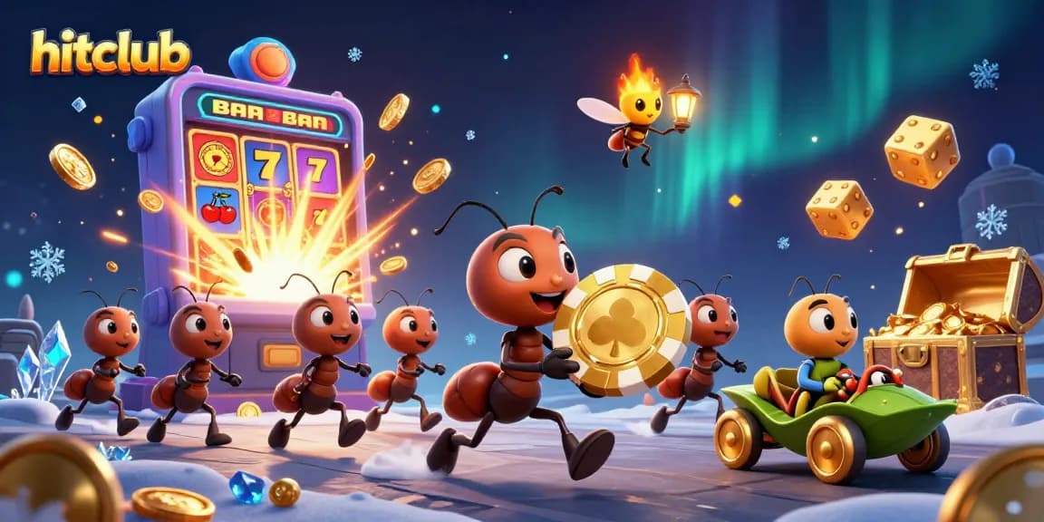 Immerse in the excitement of hitclub with a playful 3D scene of ants transporting giant poker chips amidst slot machine action.