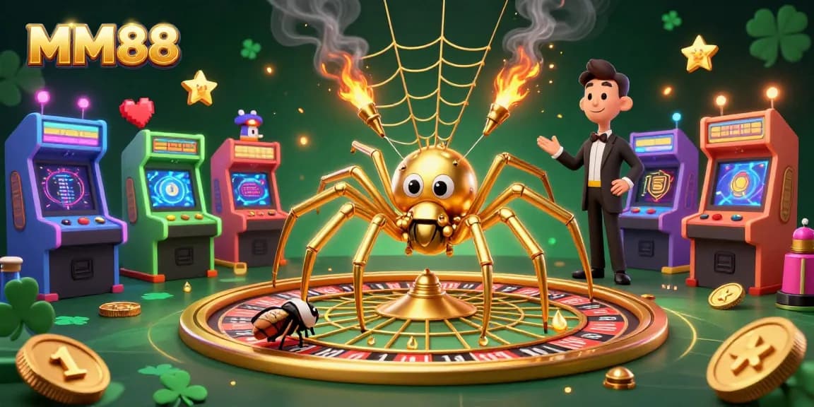 Experience MM88 casino excitement with a golden spider, roulette wheel, and colorful game elements.
