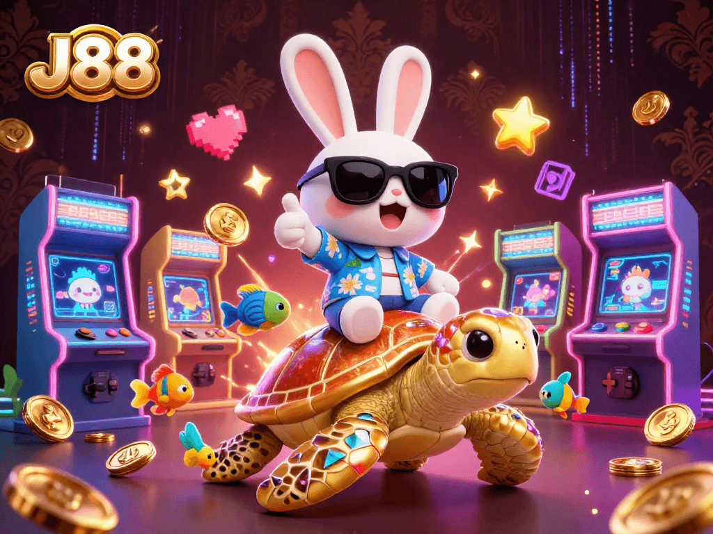 Experience J88's vibrant gaming world with a lucky rabbit and golden turtle in this colorful casino scene.