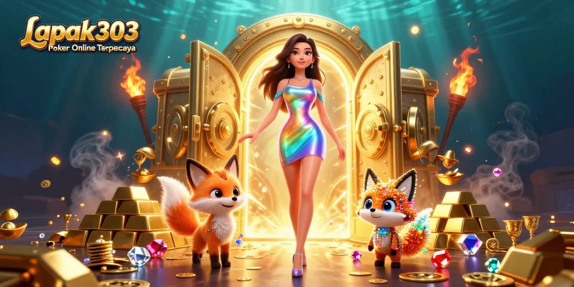Experience excitement with Lapak303 Poker Online Terpercaya, featuring vibrant casino elements and a dynamic scene.