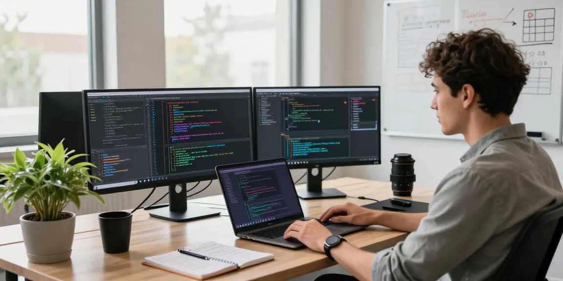 Engaged developer coding in modern workspace centered around 纸飞机中文版 applications, surrounded by tech gadgets and creative elements.