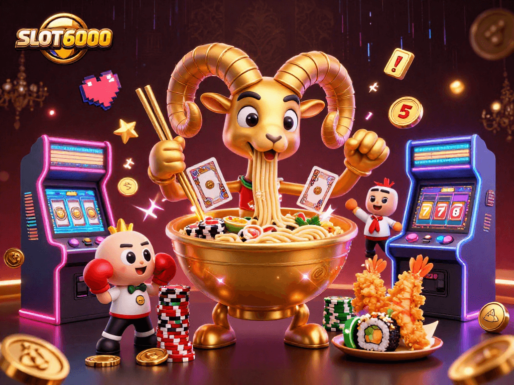 SLOT6000 showcases vibrant online gaming with dynamic characters and colorful casino elements.