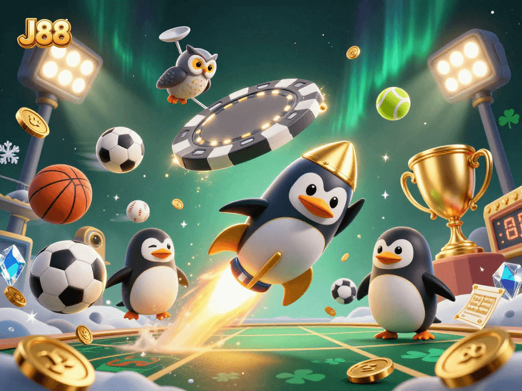 Join the space adventure with J88's golden penguin as it races toward a casino world!