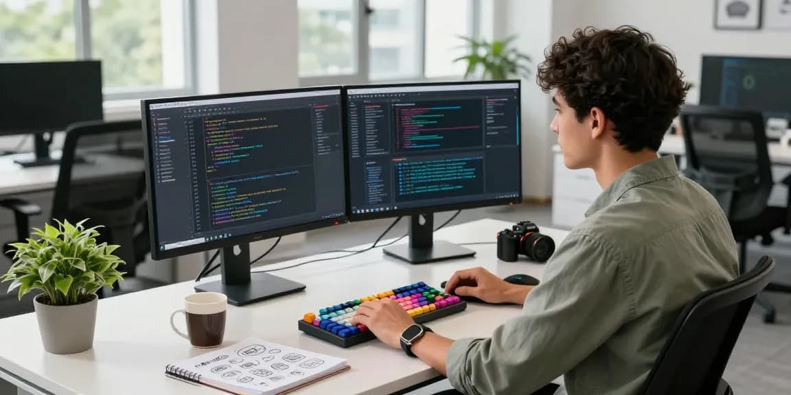 Motchill developer crafting applications in a modern tech workspace with dual monitors and vibrant coding interface.