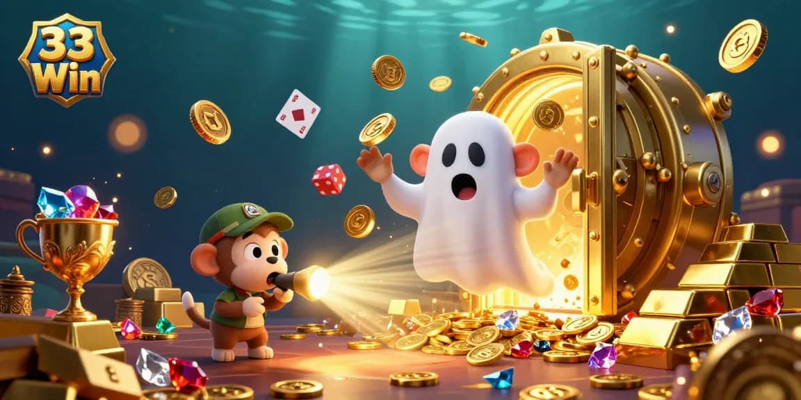 Engage with 33 Win's captivating casino scene featuring a playful monkey and ghost-hunter puppy amidst sparkling treasures.