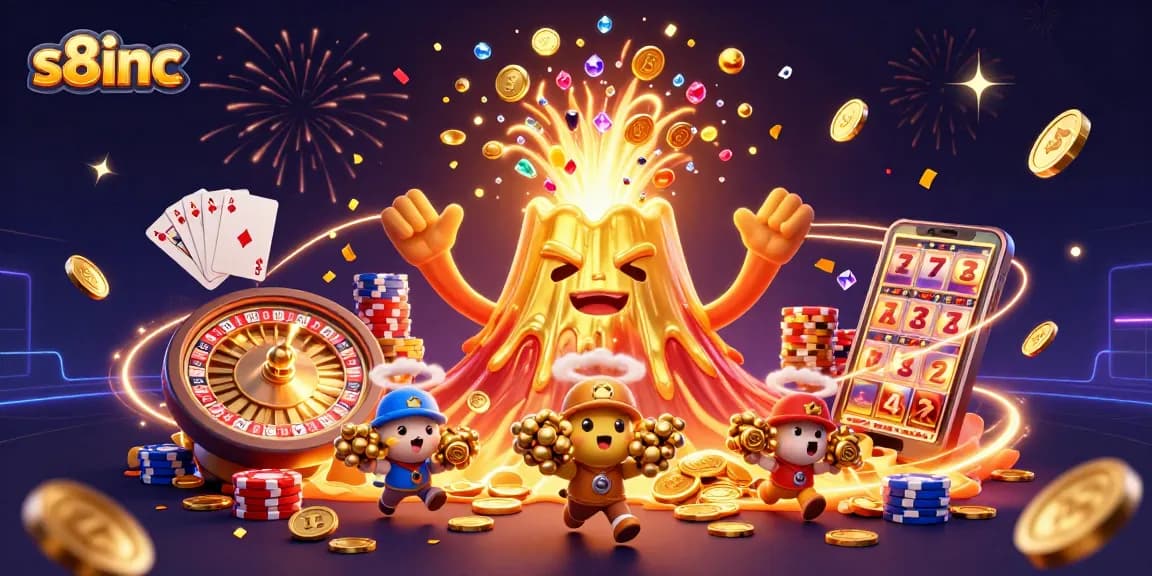 Win big with s8inc as the triumphant volcano erupts coins and treasures in an electrifying casino scene.