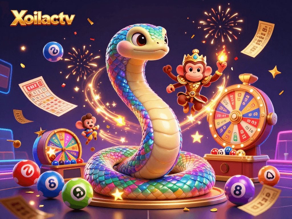 Xoilactv showcases a vibrant casino scene with a colorful rainbow serpent and dynamic lottery elements.