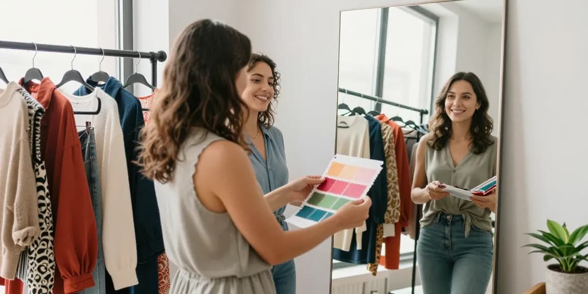 Consultazione di personal shopping: esperta che guida in abiti colorati e accessori