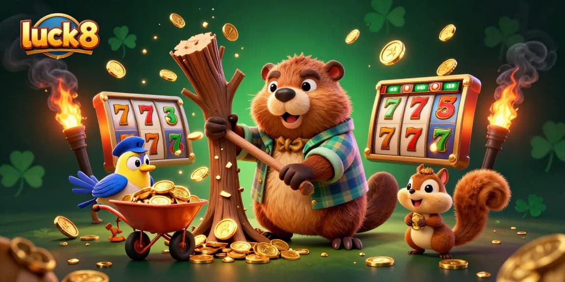 Experience the thrill of luck8 with a whimsical 3D casino scene featuring vibrant characters and slot machine elements.