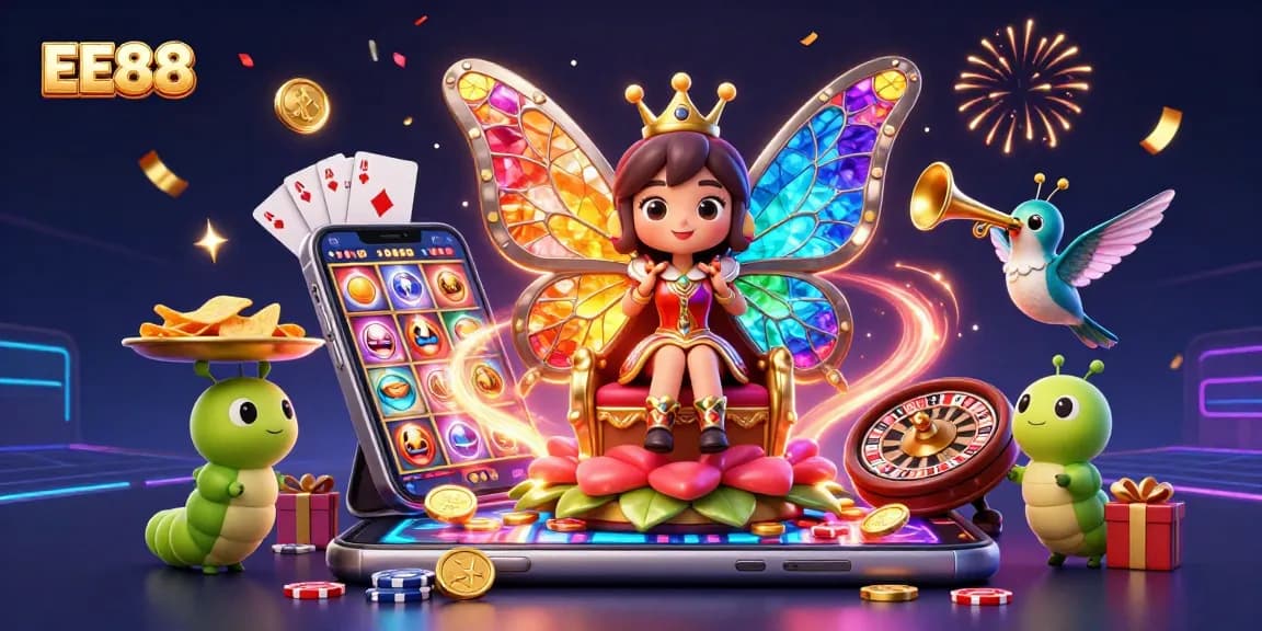 Experience thrilling gameplay with EE88's vibrant 3D casino illustration showcasing excitement and games!