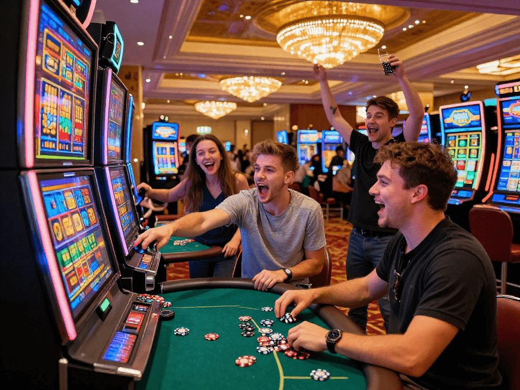 Excited players celebrating a potential slot jackpot win in a vibrant casino.