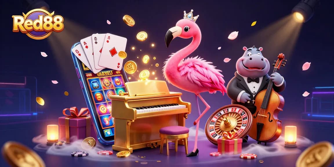 Experience exhilarating gaming at Red88 with a lively flamingo singer, hippo bassist, and exciting casino elements.