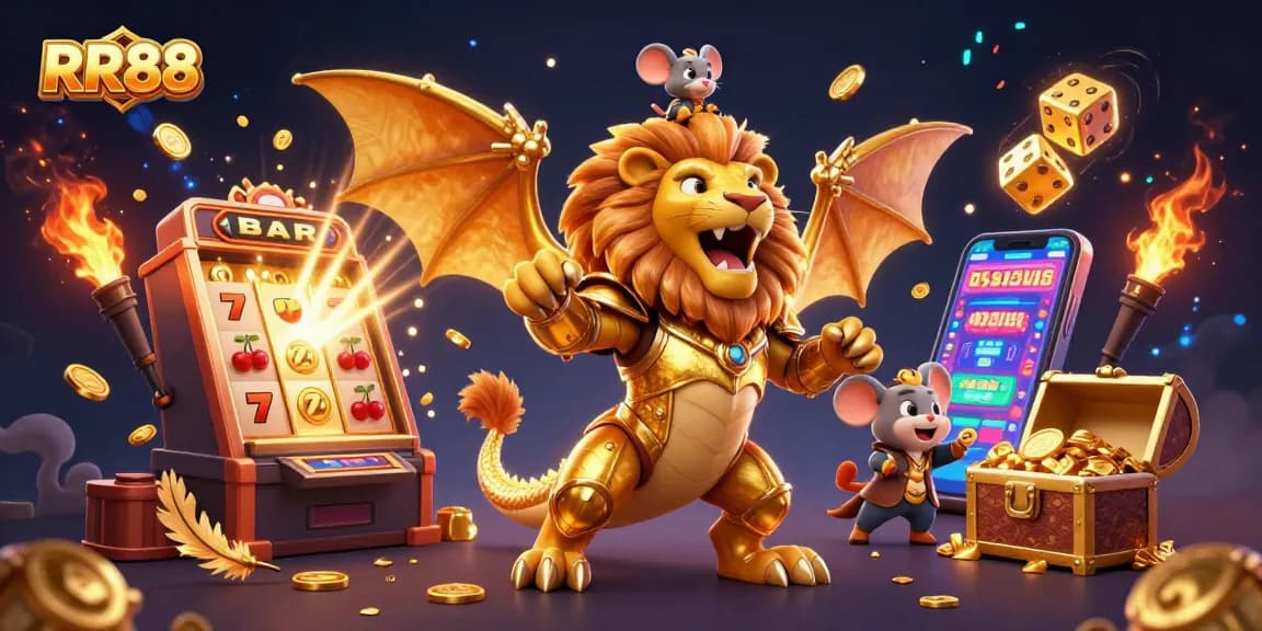 Join the excitement of RR88 as a golden chimera and brave mouse jockey celebrate a casino jackpot amidst vibrant gaming elements.