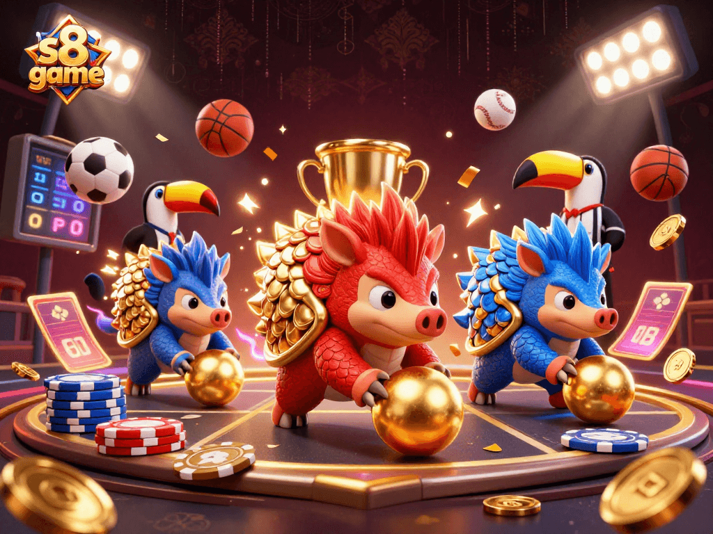 S8 game showcases dynamic pangolins playing among poker chips, epitomizing exhilarating casino action.