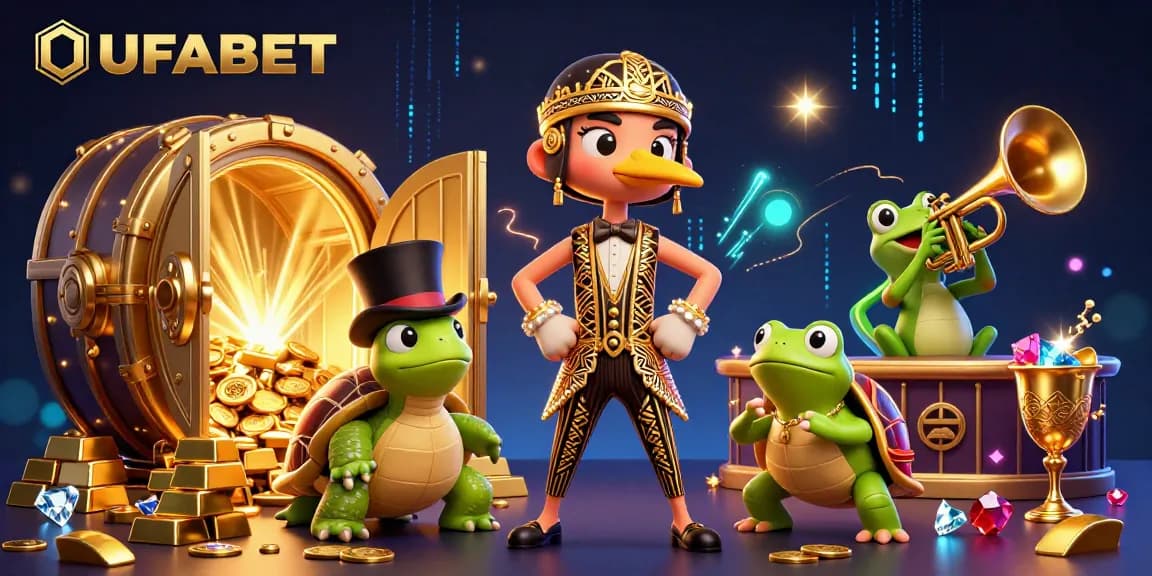 Bet on UFABET with lively 3D characters celebrating at a glamorous casino illustration.