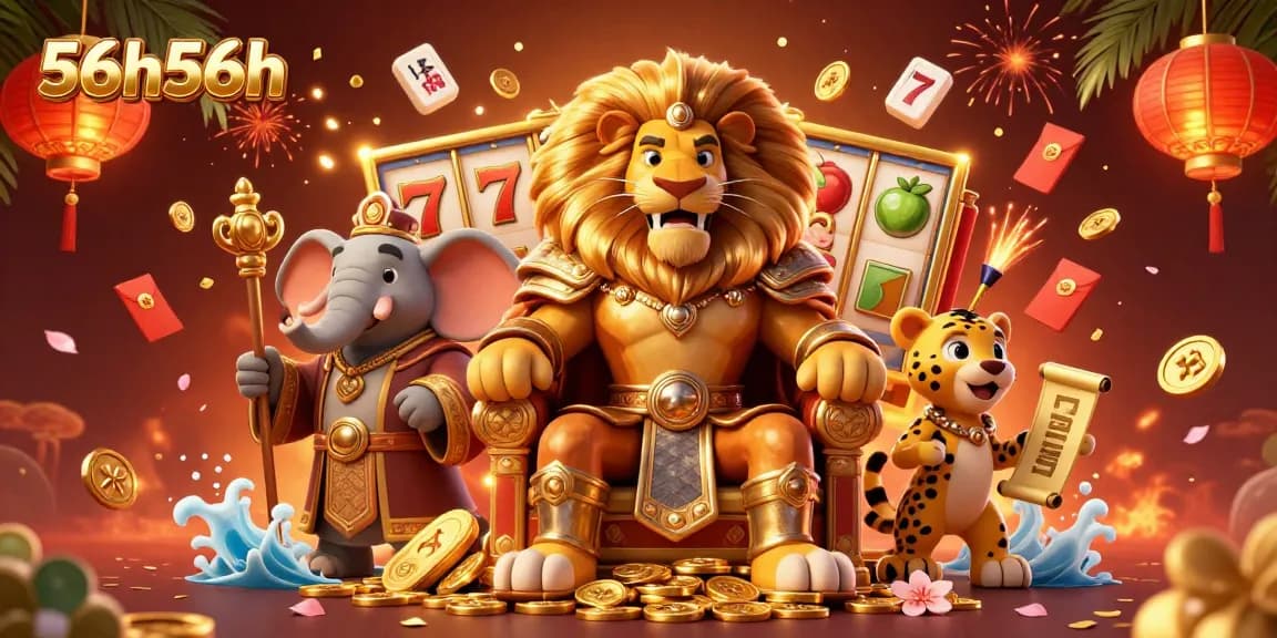 Experience thrilling play at 56h56h with a lion king, wise elephant, and vibrant casino elements.