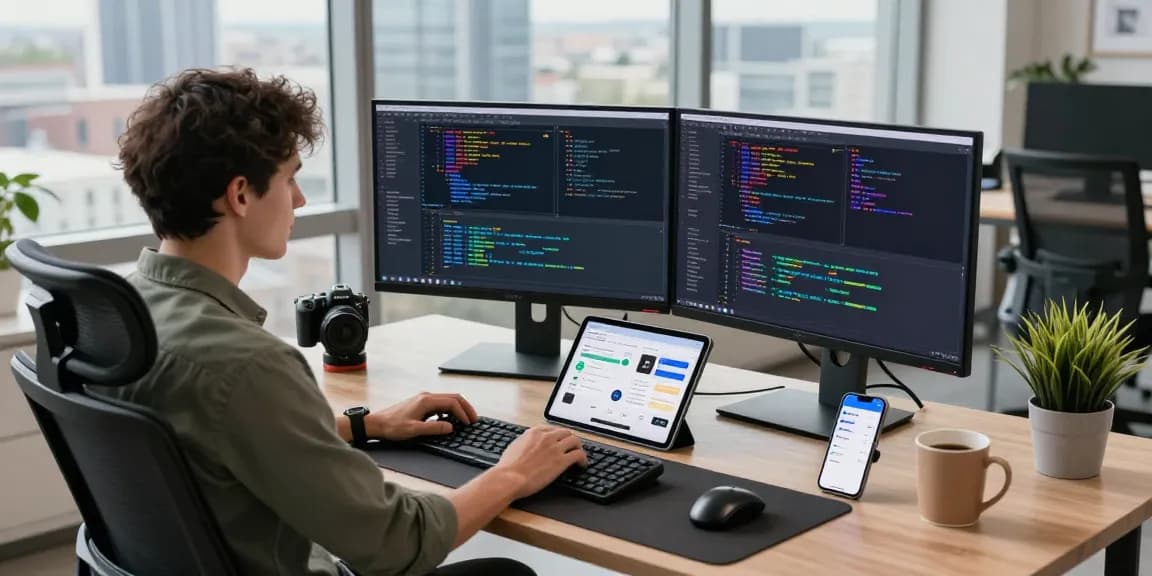 Dynamic workspace showcasing kobold ai developer engaging with cutting-edge AI projects on dual monitors.