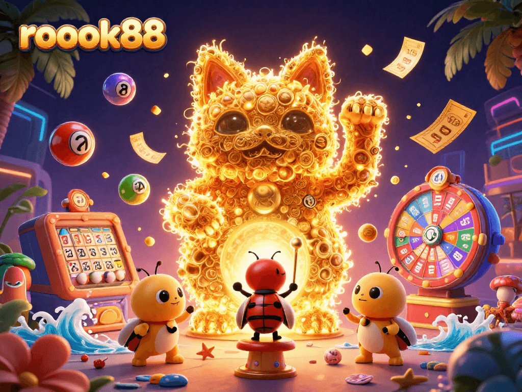 Experience thrilling gameplay with rokok88's vibrant lucky cat design and dynamic lottery elements.