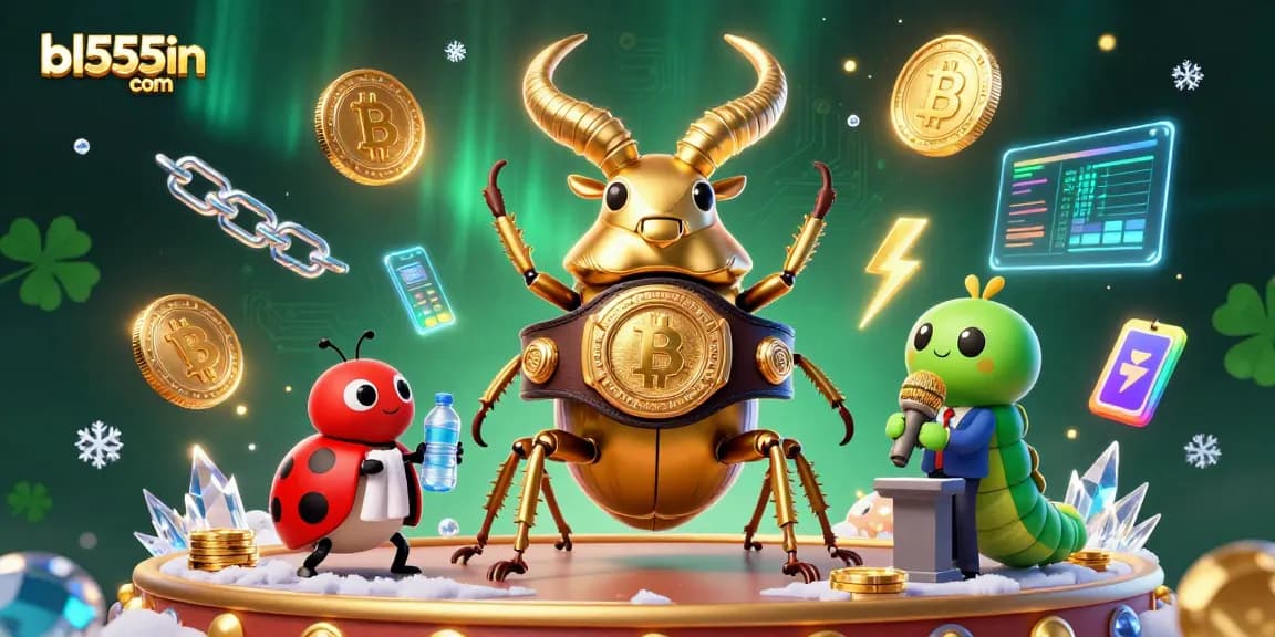 Experience vibrant gaming at bl555in com showcasing a golden stag beetle champion surrounded by crypto elements.