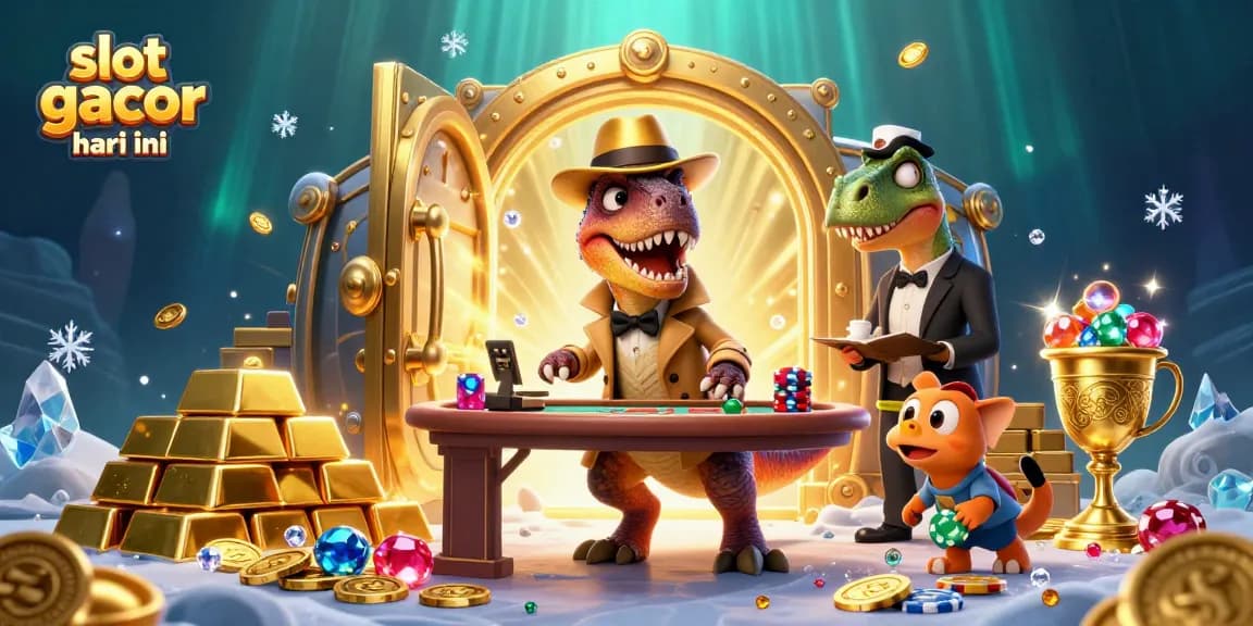slot gacor hari ini illustration showing a velociraptor at a blackjack table amidst dazzling treasures and gambling elements