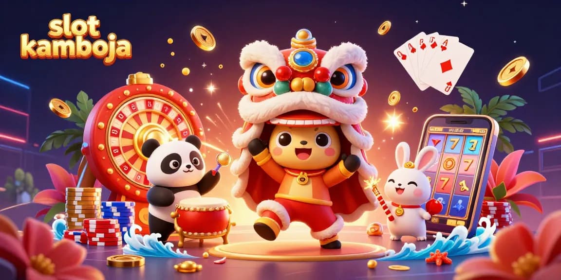 Engage in thrilling gameplay at slot kamboja with a vibrant 3D illustration featuring a lion dance and casino elements.