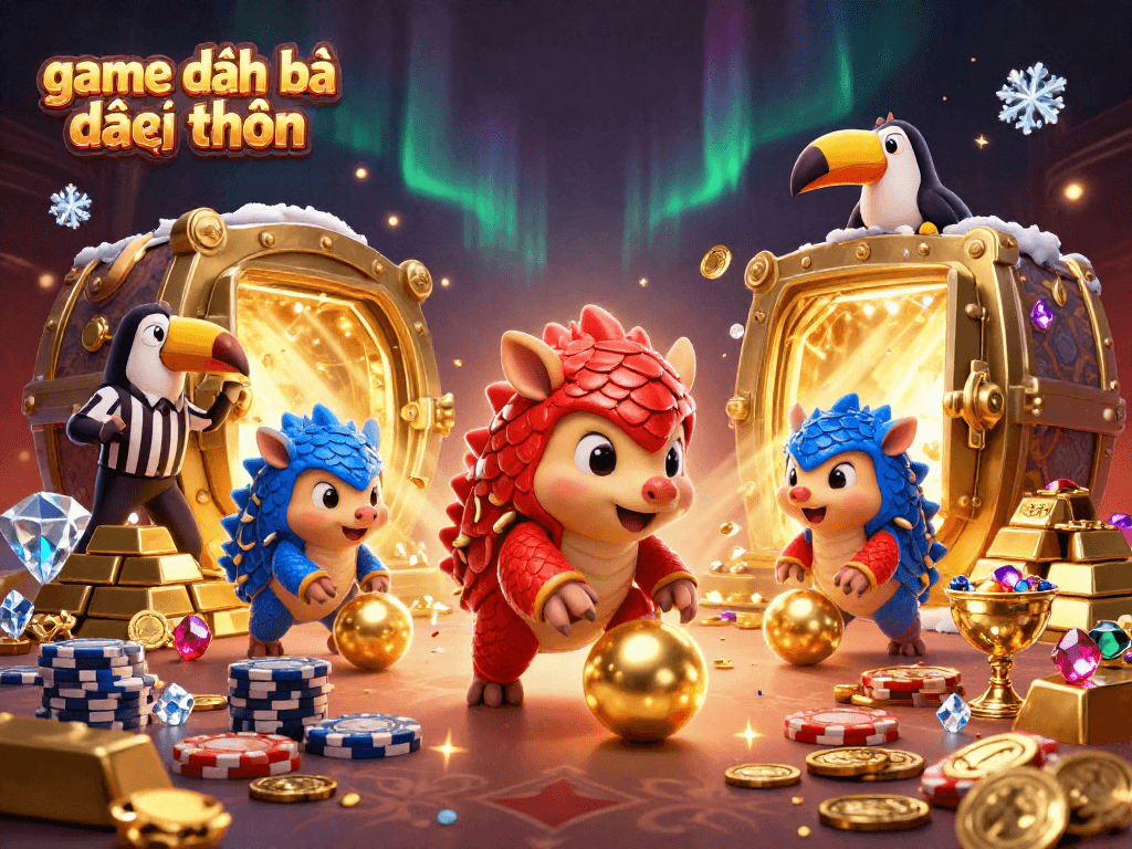 Experience the excitement of game đánh bài đổi thưởng with rival pangolins bowling and winning in a vibrant casino setting.