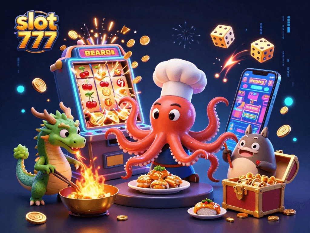 Experience winning with slot 777 in this vibrant 3D casino illustration featuring dynamic characters and game elements.