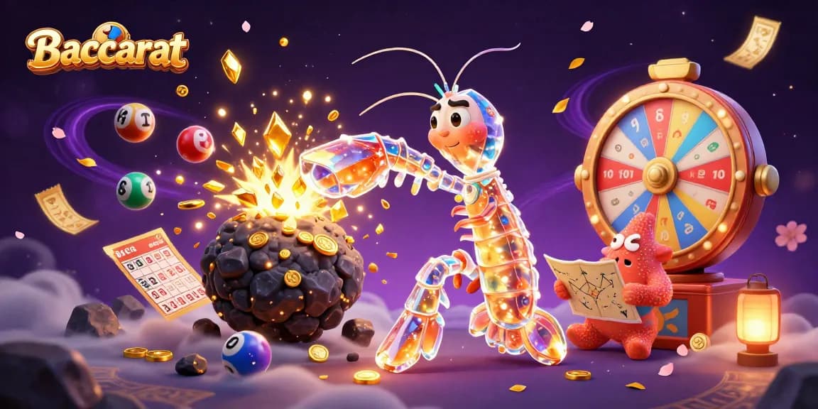 Baccarat gameplay scene with 3D animated characters, golden coins, and dynamic lottery elements.