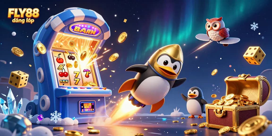 Experience FLY88 đăng nhập with the thrilling view of a penguin casino adventure, showcasing vibrant gaming elements.