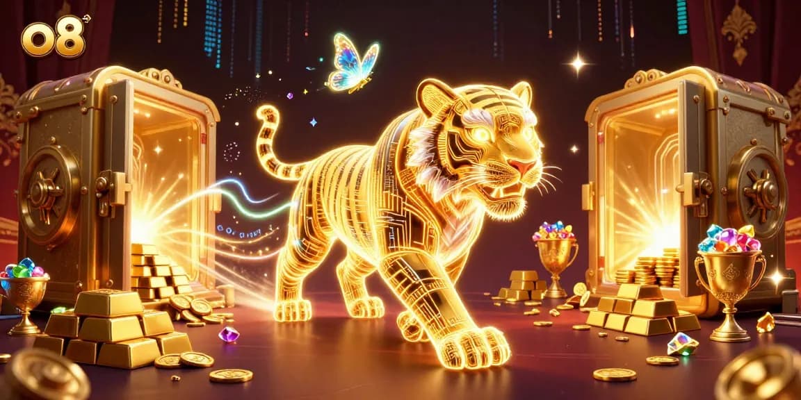 Immerse in the vibrant world of o8 casino, featuring a neon-wireframe tiger amidst treasure and sparkling gems.