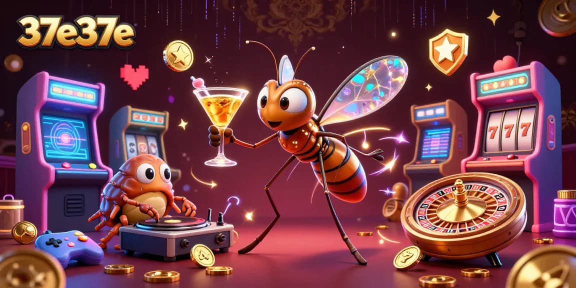 37e37e traz um mosquito mascote em um cassino, com jogos arcade vibrantes ao fundo.