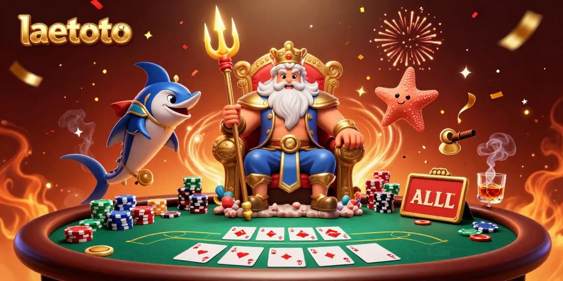 Experience laetoto's vibrant poker scene with Neptune and whimsical characters celebrating wins.