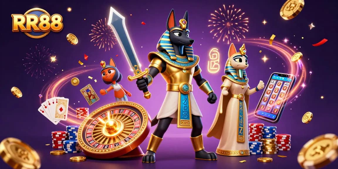 Engage with RR88's vibrant casino scene featuring Anubis, Bastet, and dazzling casino elements.