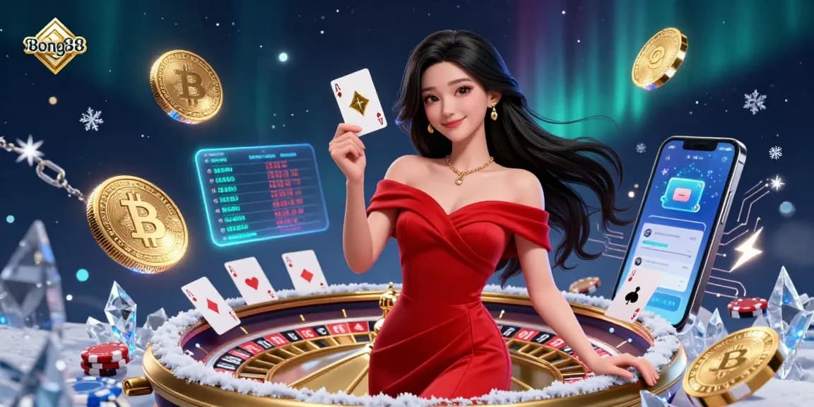 Bong88 showcases a confident woman holding a playing card beside a golden roulette wheel in a dazzling casino setting.