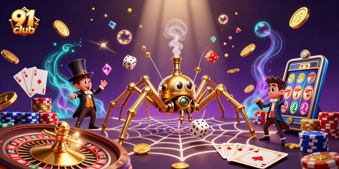 Join the excitement of 91 club, where the steampunk spider spins luck in a vibrant casino scene.