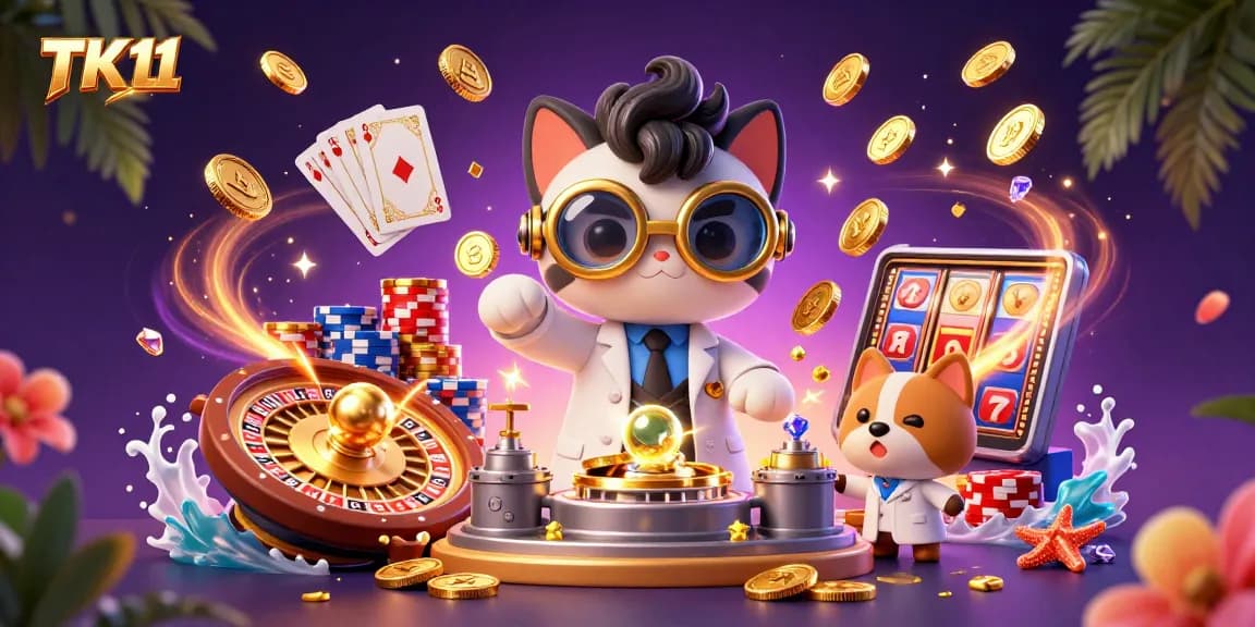 Experience thrilling gaming at TK11 Casino with a vibrant cartoon scene featuring exciting casino elements.