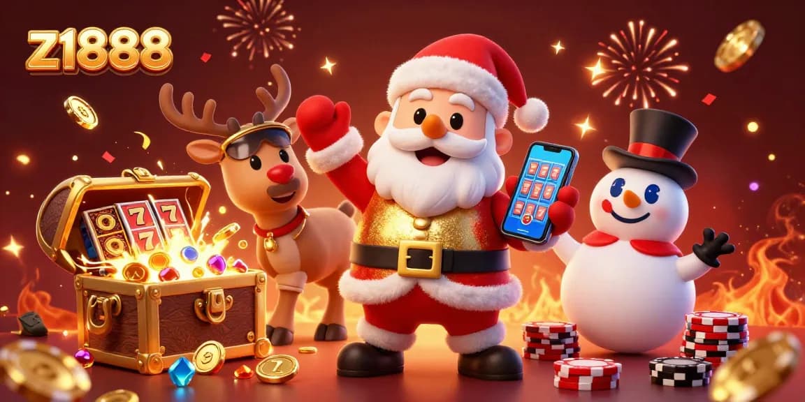Experience the thrill of winning with z1888's vibrant casino-themed illustration featuring interactive characters and exciting slot elements.