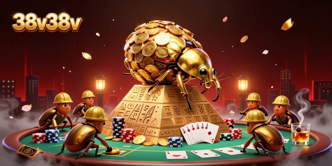 Engage in thrilling gameplay with a golden dung beetle and casino symbols at 38v38v.