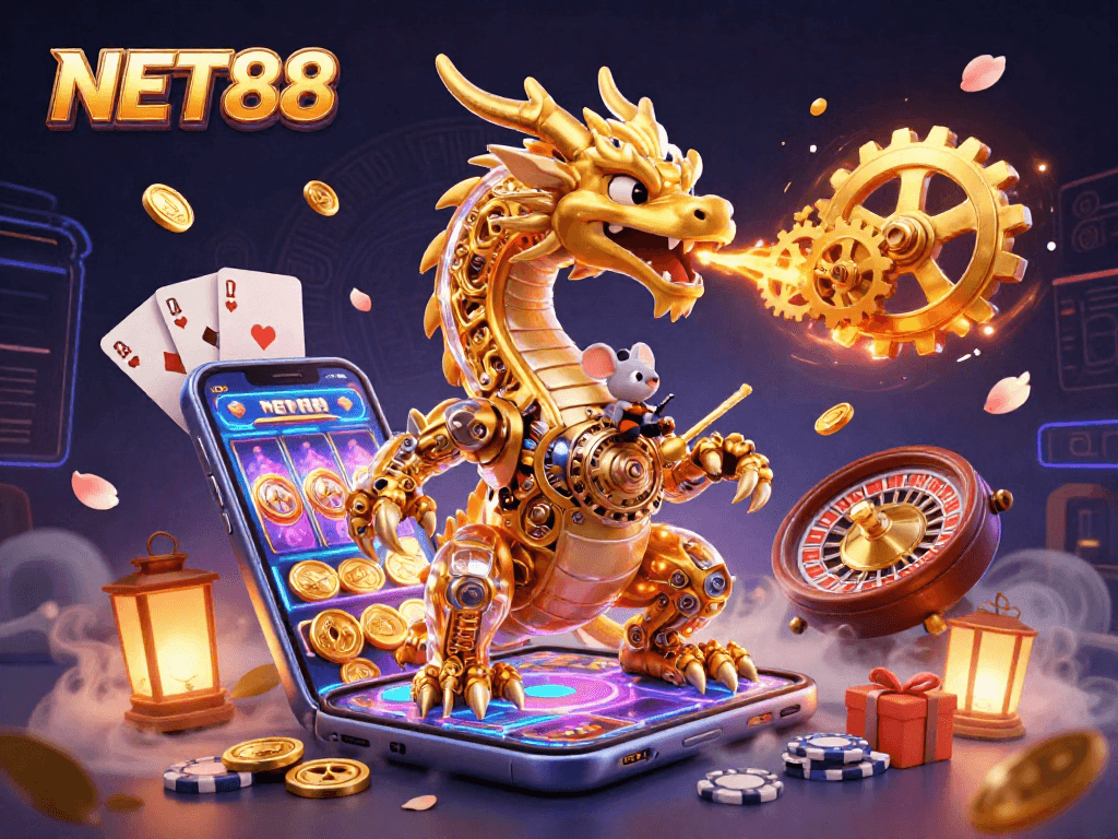 Experience the excitement with NET88's vibrant 3D casino themed illustration showcasing dynamic gameplay elements.