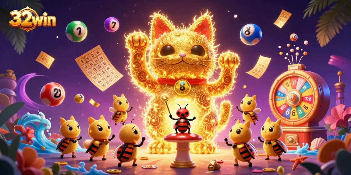 Experience thrilling games with 32win's vibrant lucky cat and dynamic casino elements.