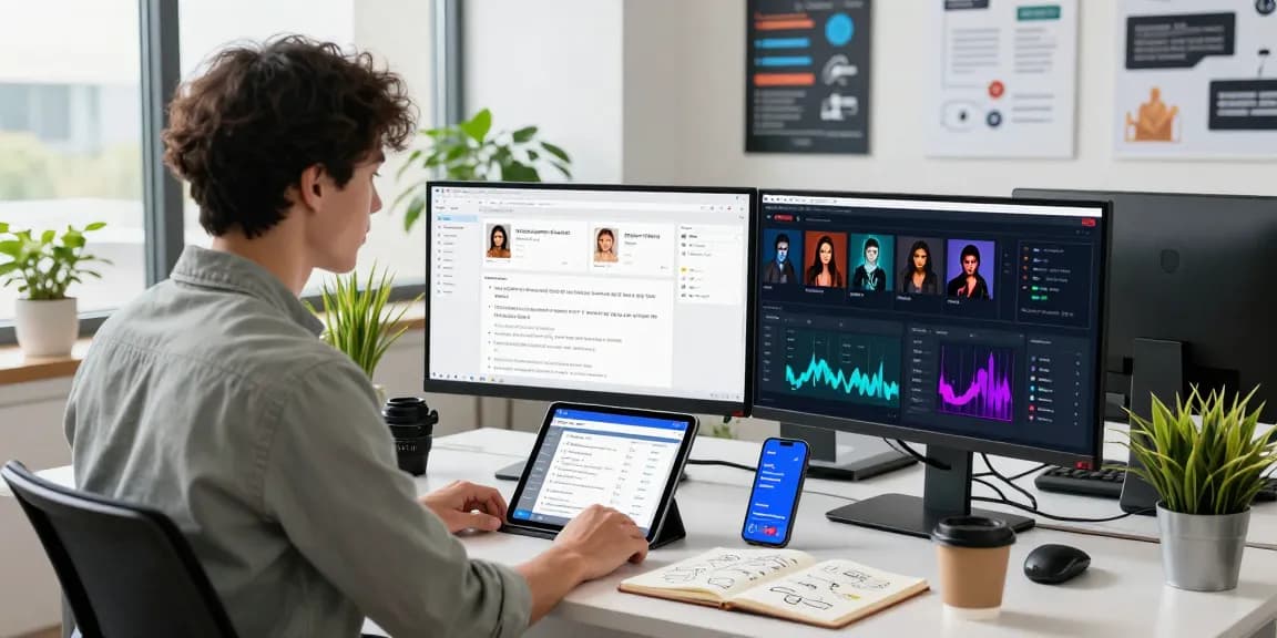 AI image detector showcased in a modern office with data analyst monitoring content moderation metrics and AI results.