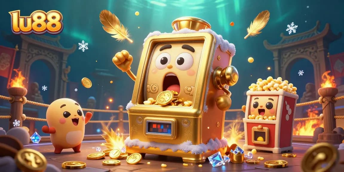 lu88 slot machine hits jackpot pouring coins, with cheering machines in a festive casino scene