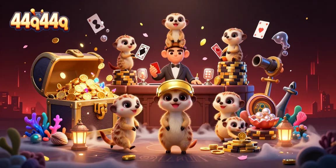 Engage with 44q44q's dynamic casino scene featuring meerkats running a vibrant gaming operation.