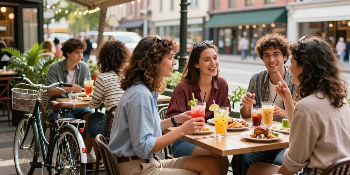 Friends enjoying vibrant outdoor café scene with Motchill drinks and gourmet food