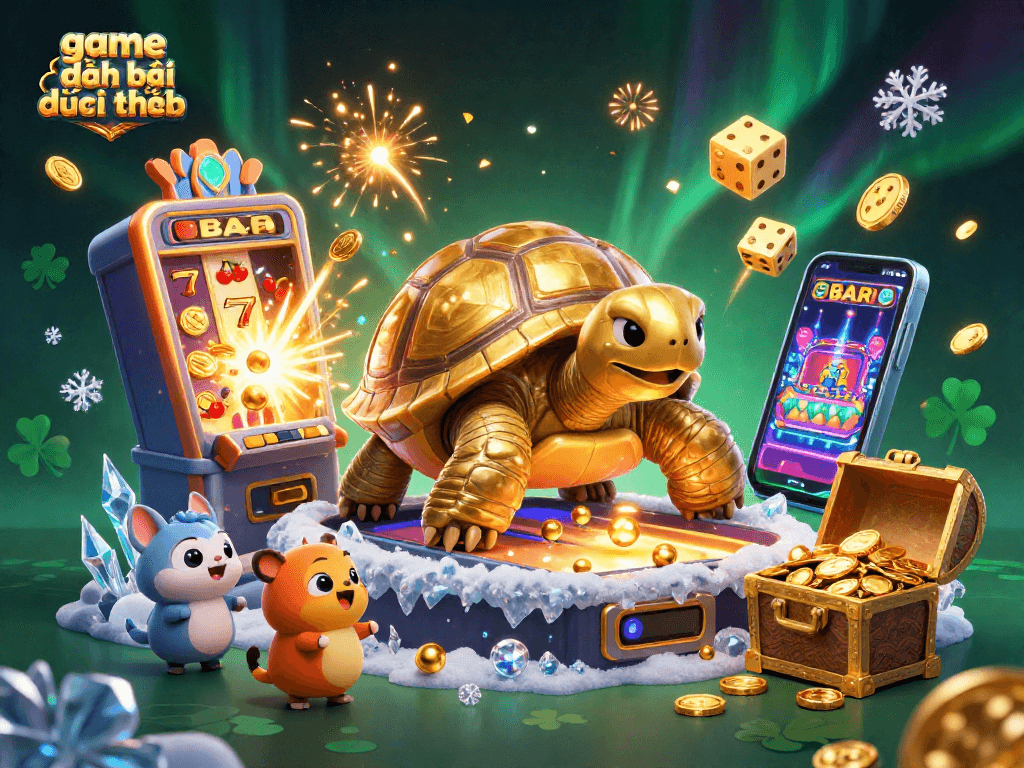 Experience the thrill of game đánh bài đổi thưởng with an exciting 3D digital casino illustration.