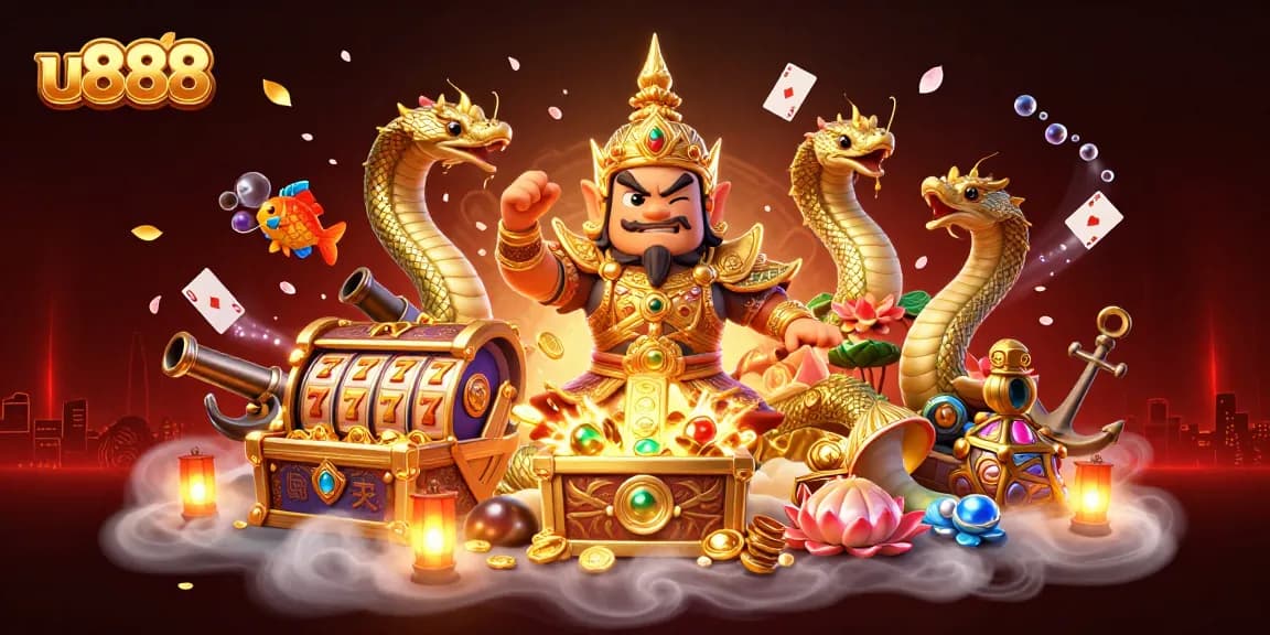 Engage in thrilling experiences at u888 with vibrant symbols and treasures in a dynamic 3D gaming scene.