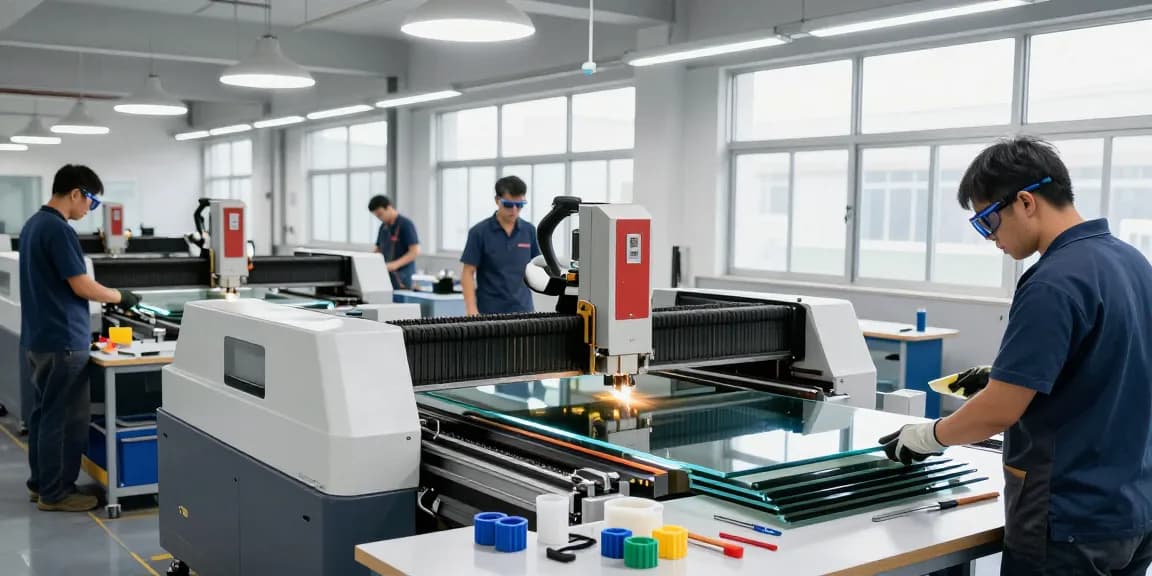 Technicians operating advanced glass cutting machines in a vibrant industrial workshop.