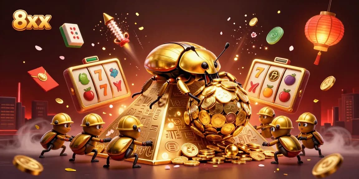 Engage with 8xx casino-themed illustration featuring a golden beetle and jackpot slots.